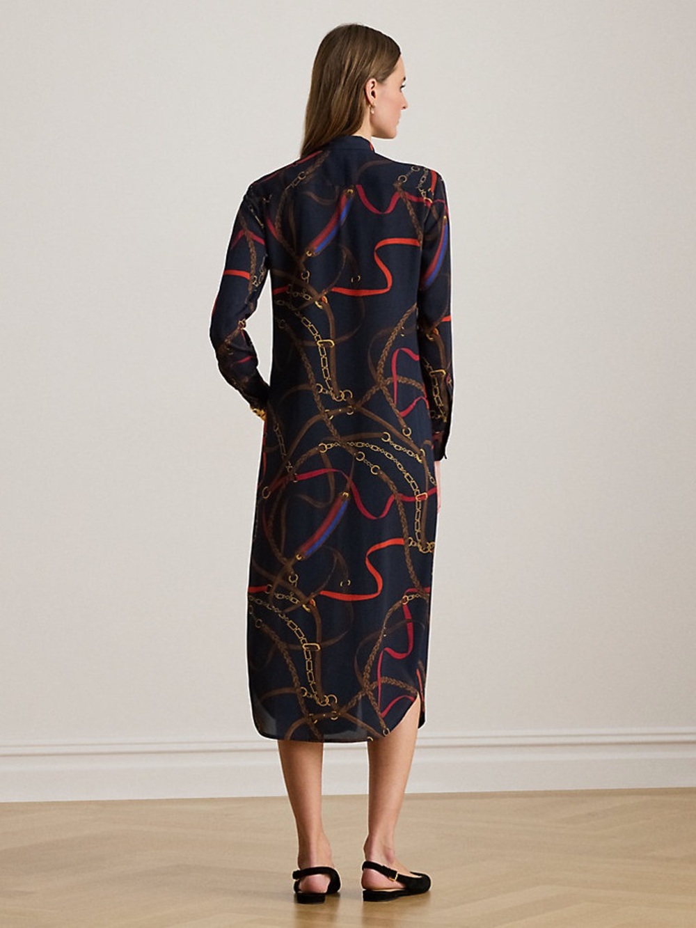 Ralph Lauren Georgette Equestrian Chain Print Tie Neck Midi Dress Navy 14 - Picture 2 of 11